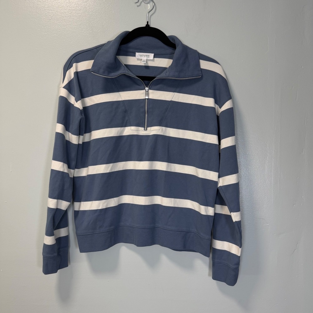 Haven Well Within Blue White Striped Organic Cotton Quarter Zip Pullover M